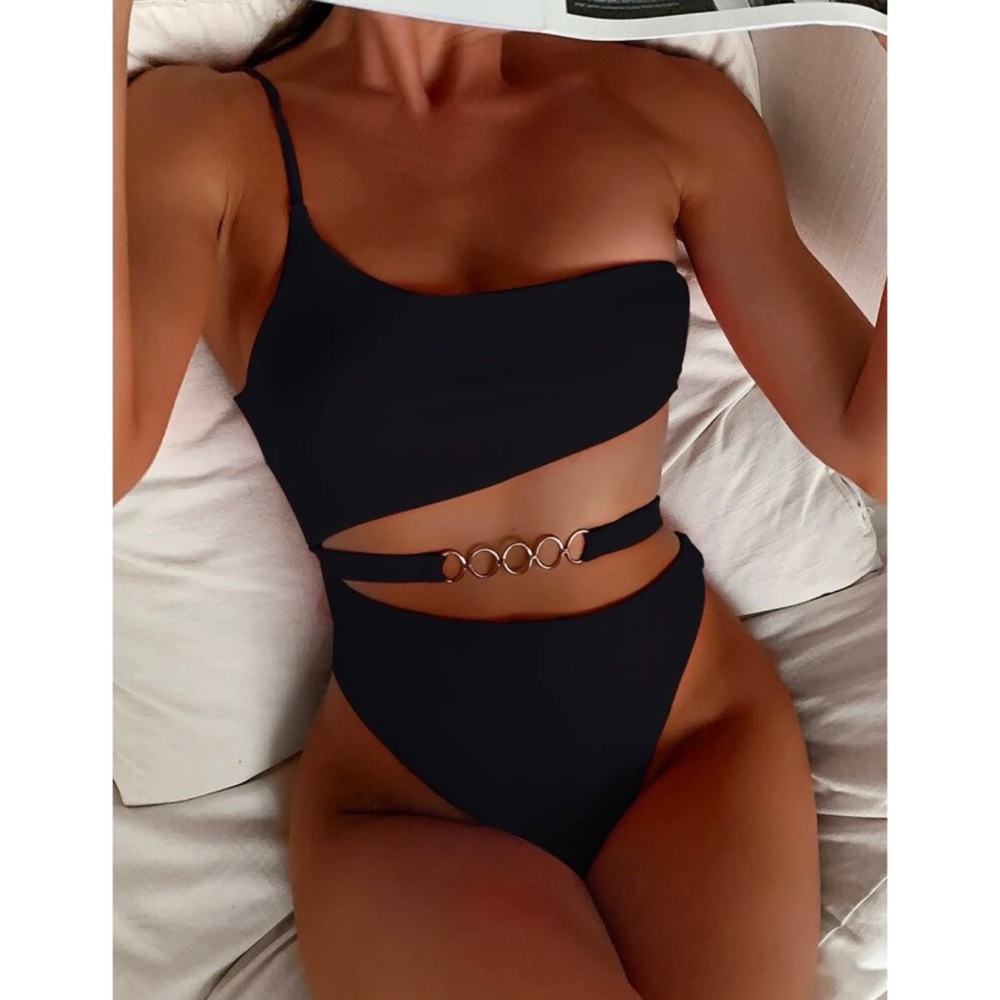 Gold Ring Cut Out Asymmetrical Black One Piece
